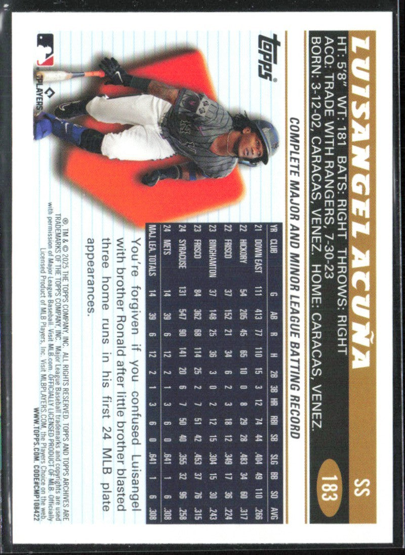 Luisangel Acuna 2025 Topps Archives RC #183 New York Mets