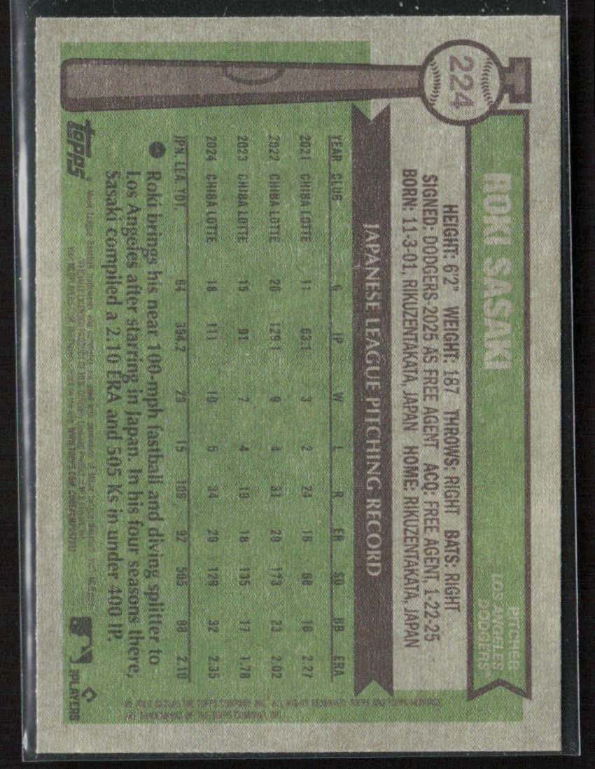 Roki Sasaki 2025 Topps Heritage RC #224 Los Angeles Dodgers