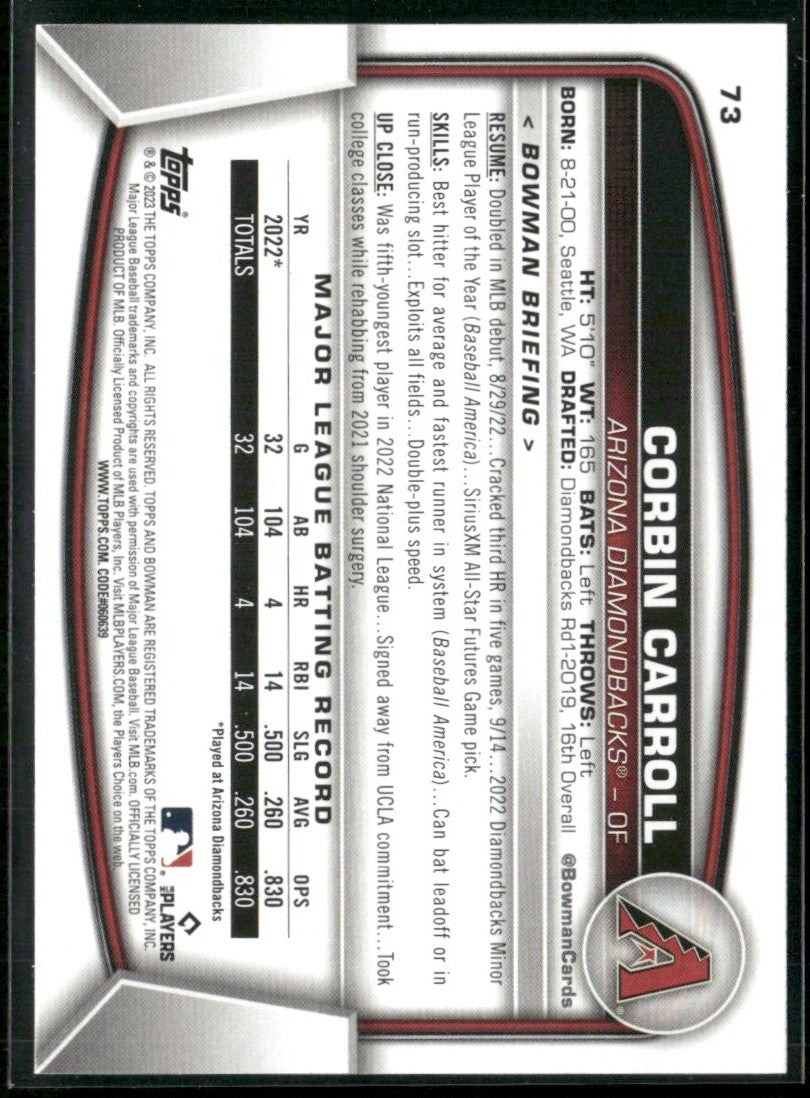 Corbin Carroll 2023 Bowman RC #73 Arizona Diamondbacks