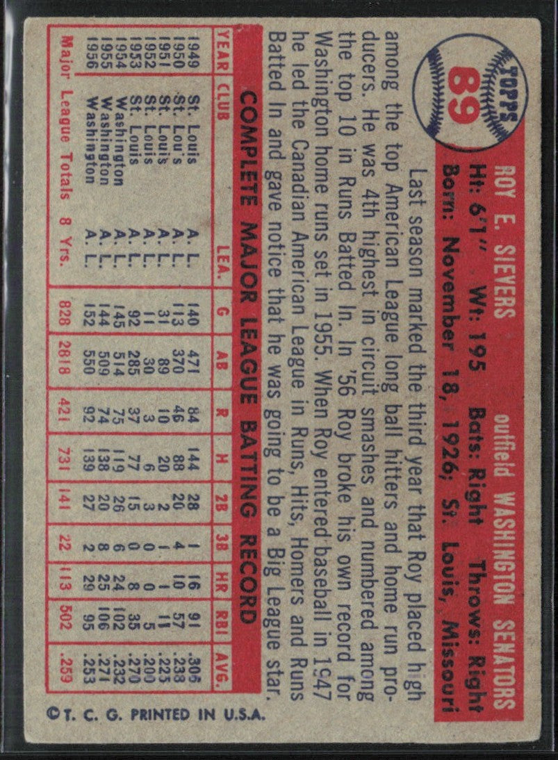 Roy Sievers 1957 Topps #89 Washington Senators