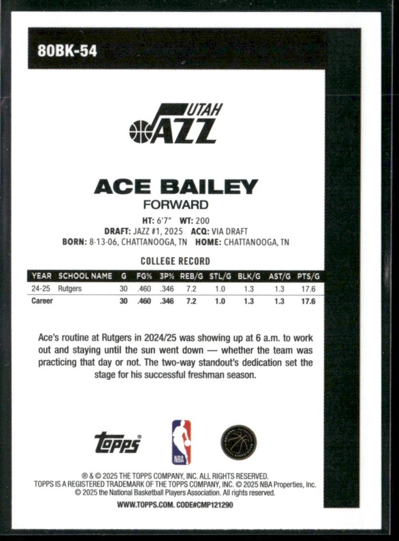 Ace Bailey 2025 Topps 1980-81 RC #80BK-54 Utah Jazz