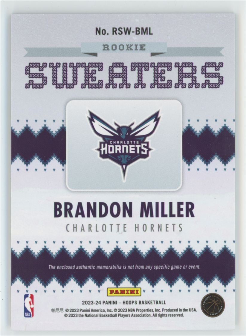 Brandon Miller 2023 Hoops Winter Rookie RC Sweaters #RSW-BML Charlotte Hornets