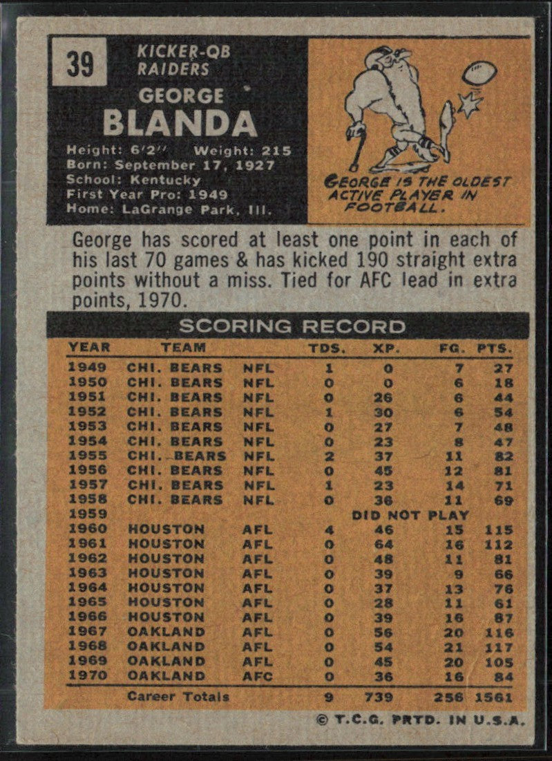 George Blanda 1971 Topps #39 Oakland Raiders