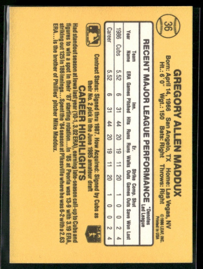 Greg Maddux 1987 Donruss RC #36 Chicago Cubs