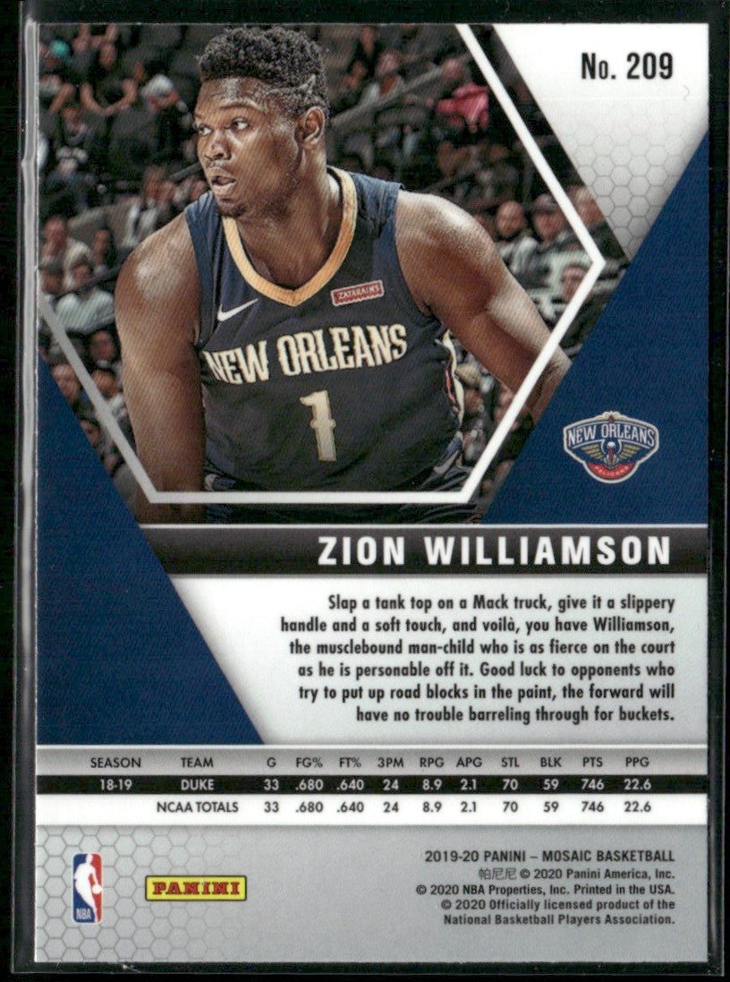 Zion Williamson 2019 Panini Mosaic RC #209 New Orleans Pelicans