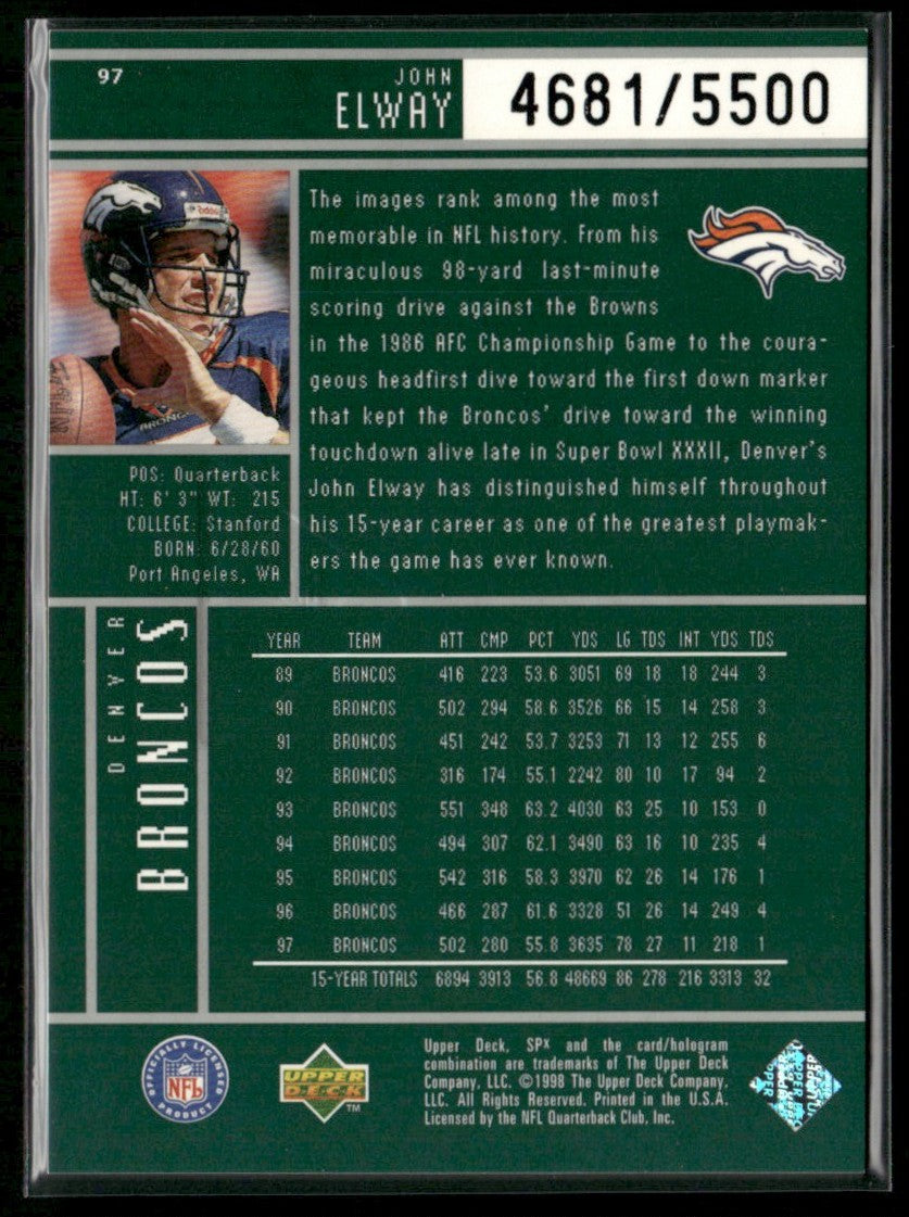 John Elway 1998 SPx Finite /5500 #97 Denver Broncos