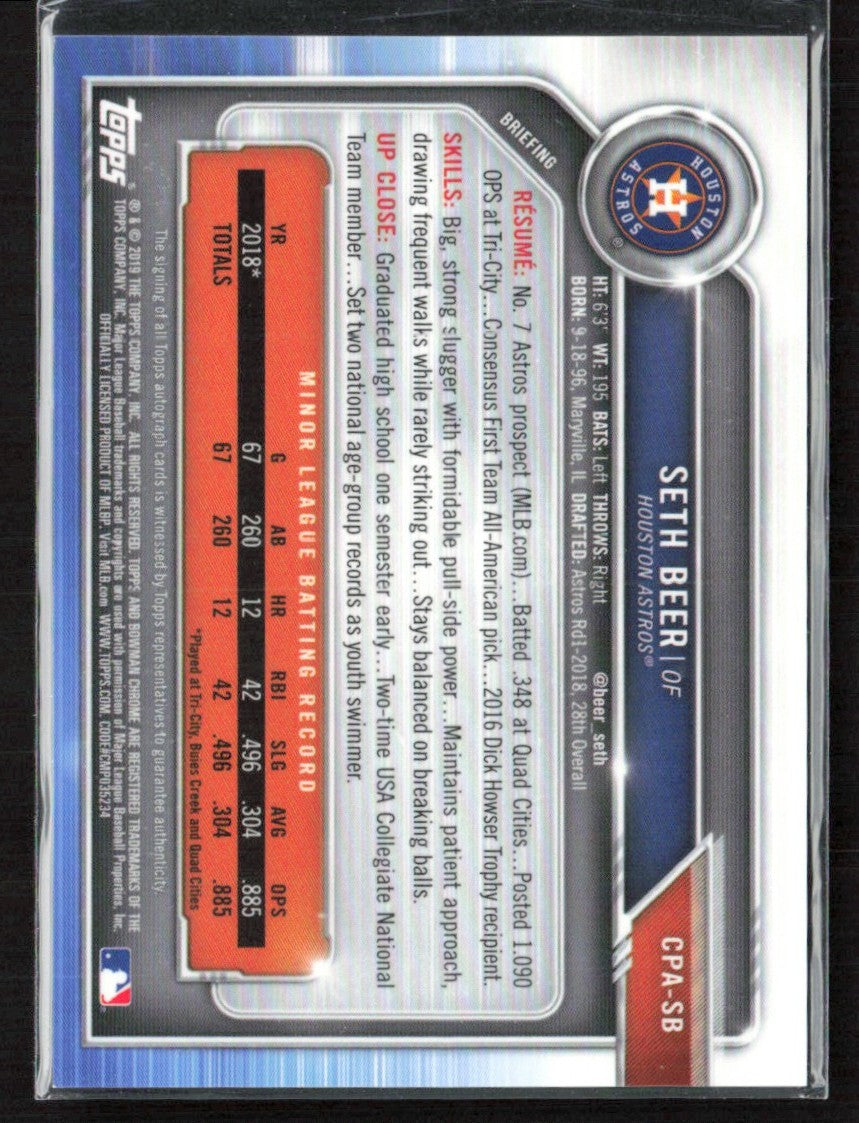 Seth Beer 2019 Bowman Chrome Prospects AUTO #CPA-SB Houston Astros