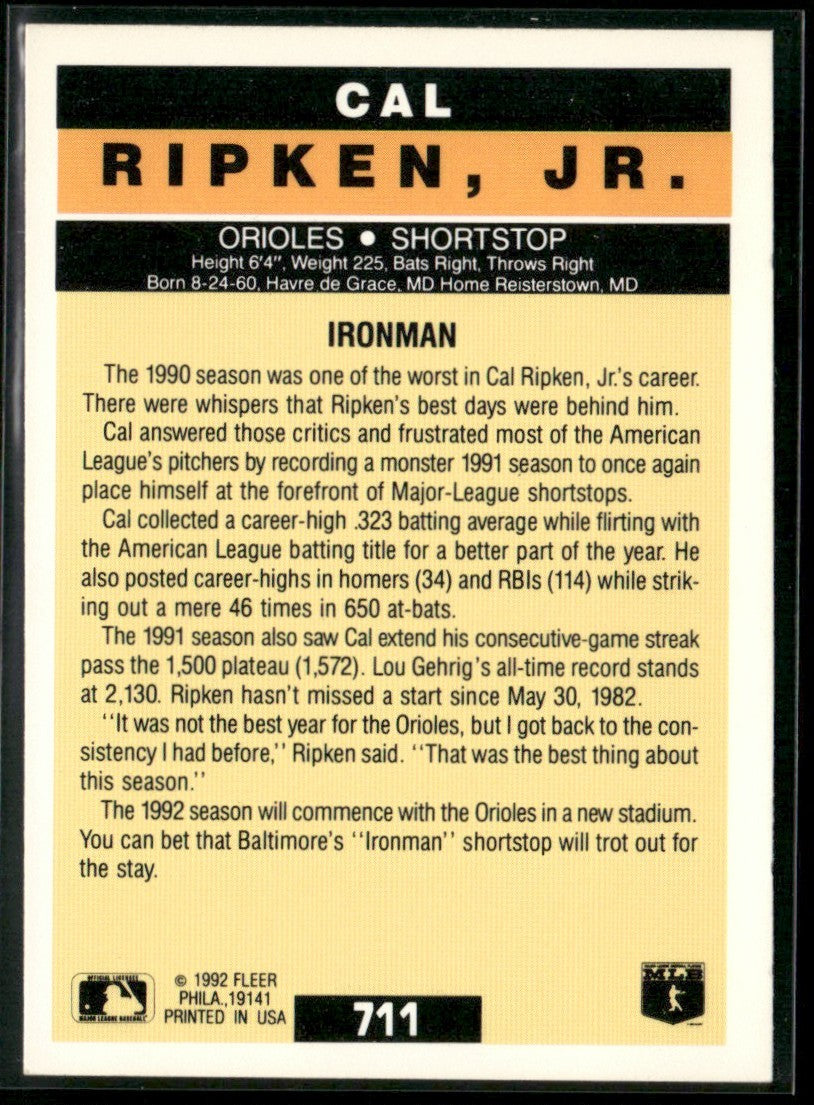 Cal Ripken, Jr. 1992 Fleer #711 Baltimore Orioles