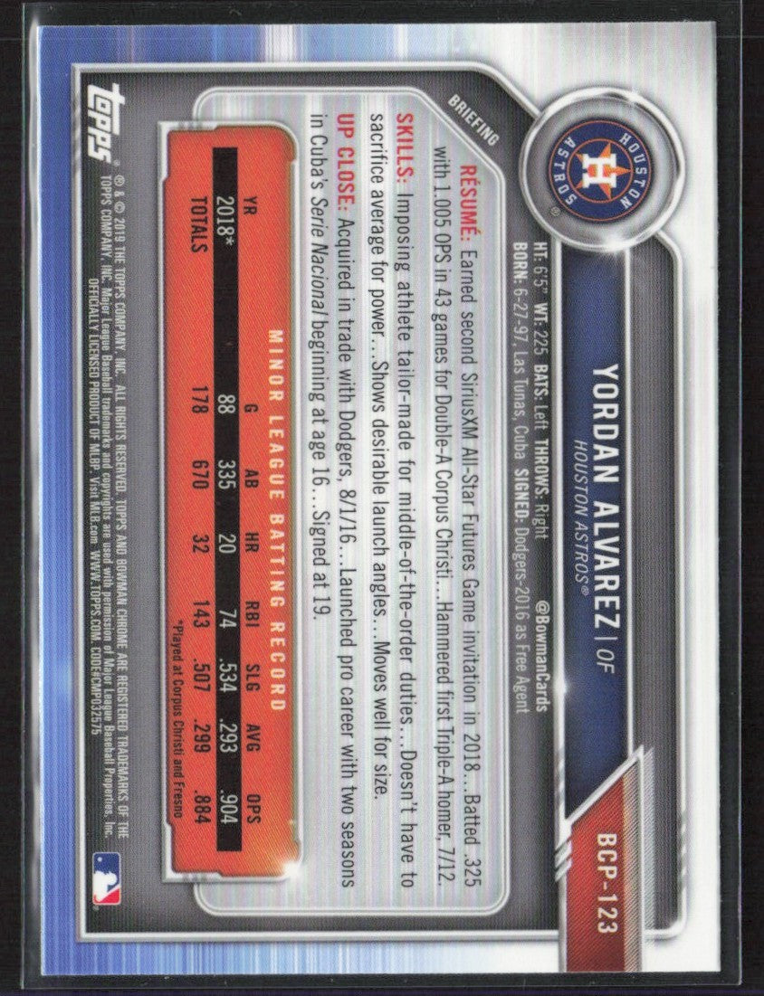 Yordan Alvarez 2019 Bowman Chrome #BCP-123 Houston Astros