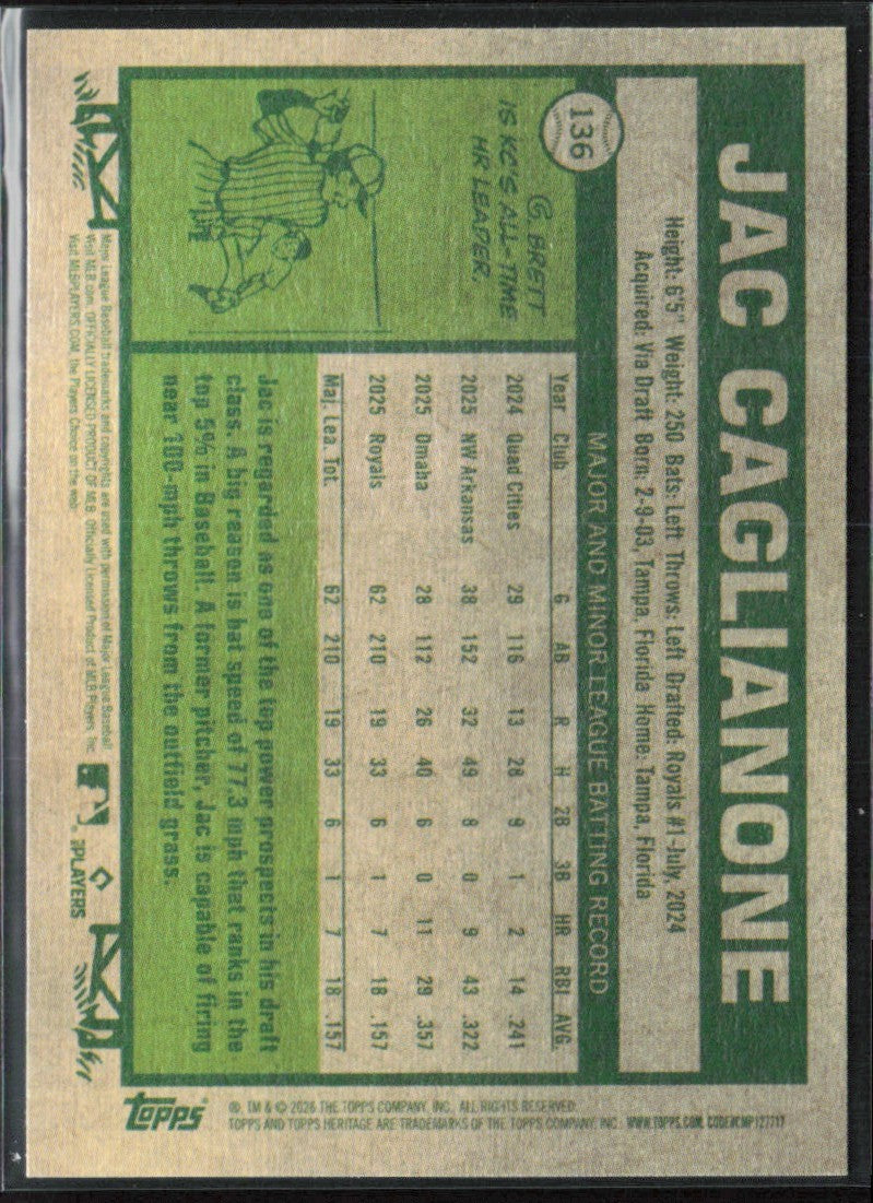 Jac Caglianone 2026 Topps Heritage RC #136 Kansas City Royals