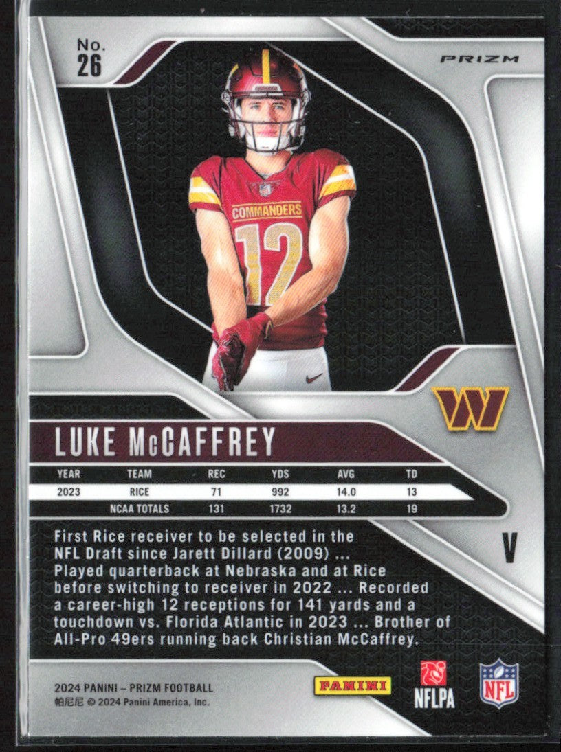 Luke McCaffrey 2024 Panini Prizm Variations Silver RC #26 Washington Commanders