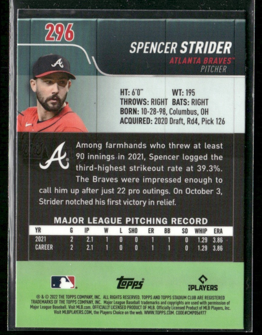 Spencer Strider 2022 Topps Stadium Club Chrome RC #296 Atlanta Braves