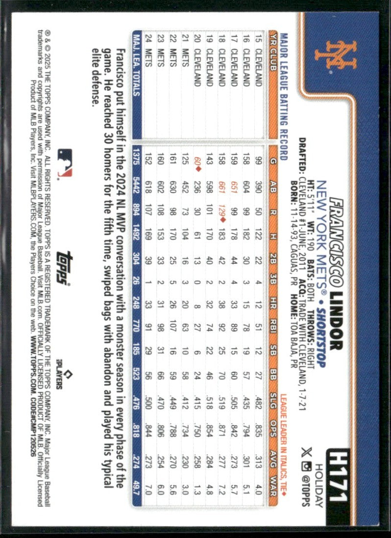 Francisco Lindor 2025 Topps Holiday Green Plaid #H171 New York Mets