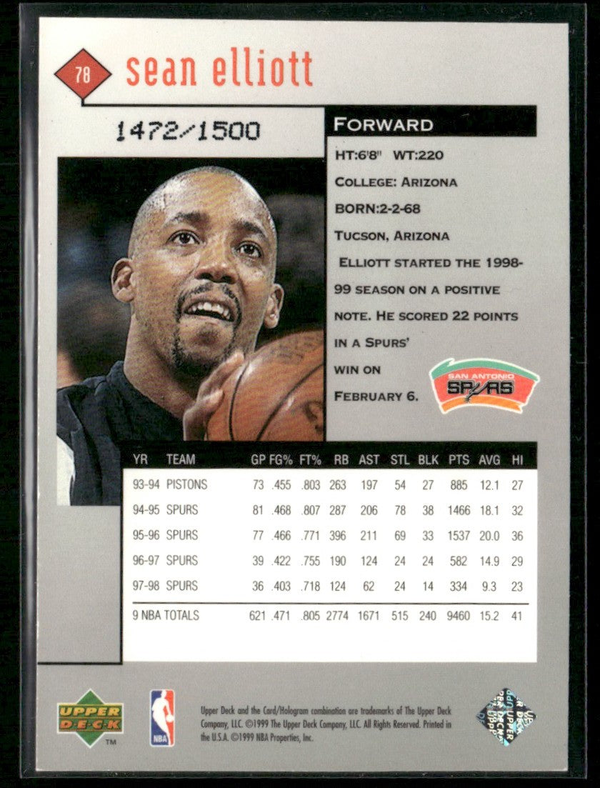 Sean Elliott 1998 Upper Deck Black Diamond Triple /1500 #78 San Antonio Spurs