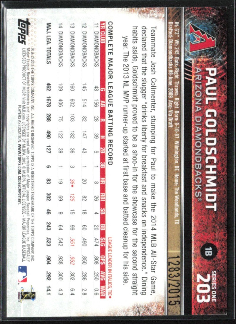 Paul Goldschmidt 2015 Topps Gold /2015 #203 Arizona Diamondbacks