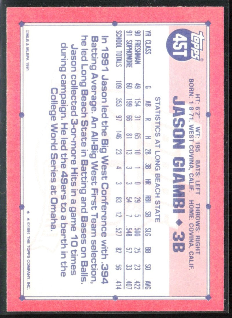 Jason Giambi 1991 Topps Traded RC #45T USA
