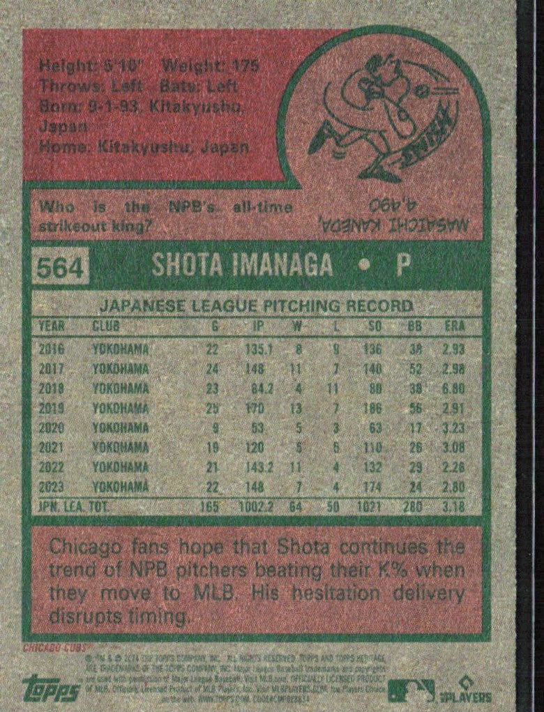 Shota Imanaga 2024 Topps Heritage High Number RC #564 Chicago Cubs
