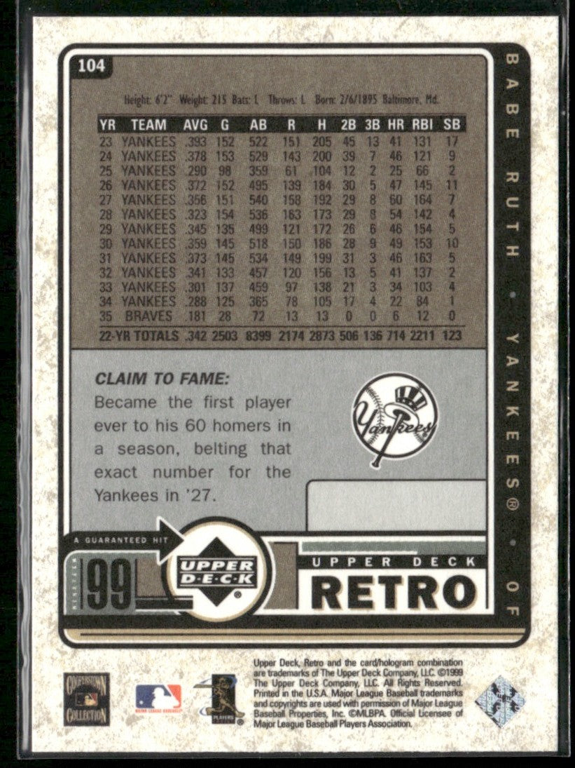 Babe Ruth 1999 Upper Deck Retro #104 New York Yankees