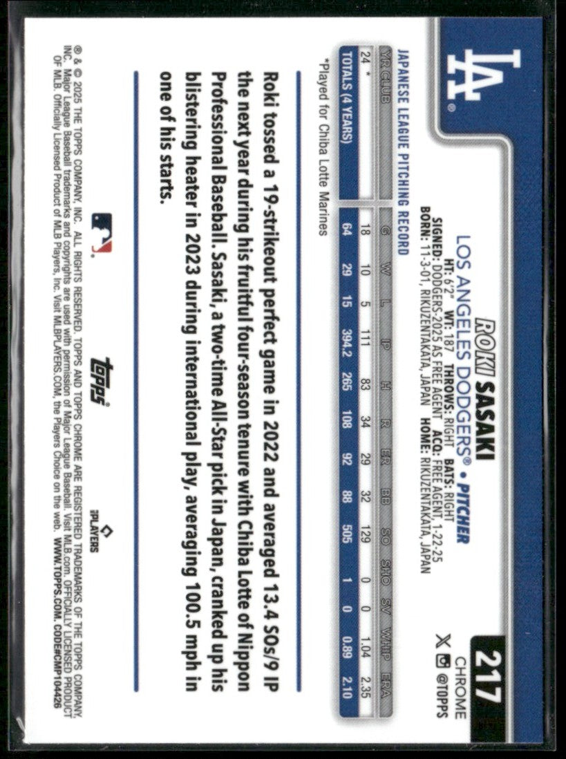 Roki Sasaki 2025 Topps Chrome RC #217 Los Angeles Dodgers