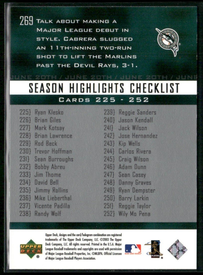 Miguel Cabrera 2004 Upper Deck #269 Florida Marlins