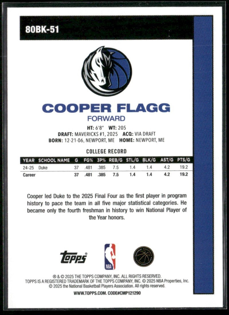 Cooper Flagg 2025 Topps 1980-81 RC #80BK-51 Dallas Mavericks