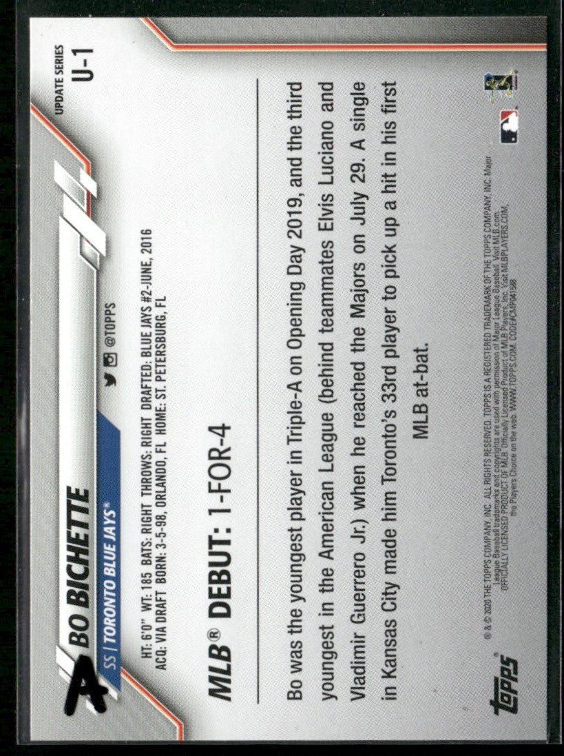 Bo Bichette 2020 Topps Update RC #U-1 Toronto Blue Jays