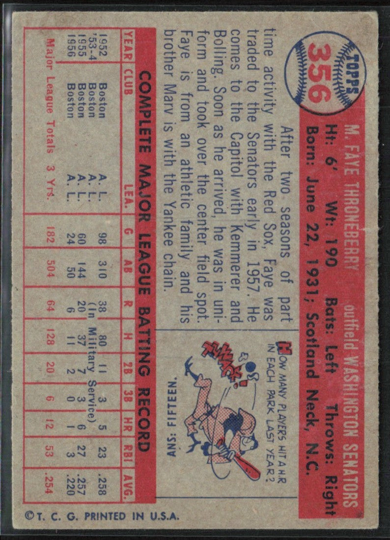 Faye Throneberry 1957 Topps #356 Washington Senators
