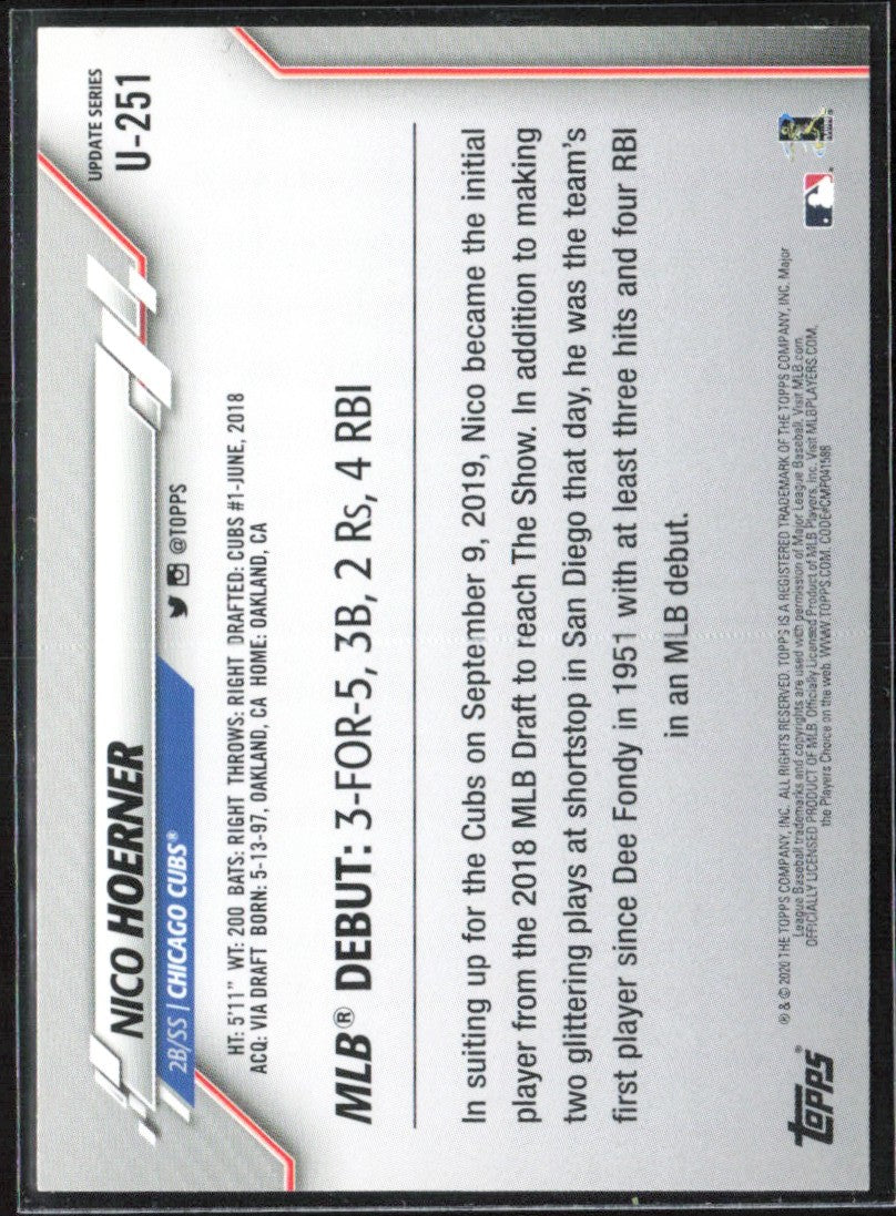 Nico Hoerner 2020 Topps Update RC #U-251 Chicago Cubs