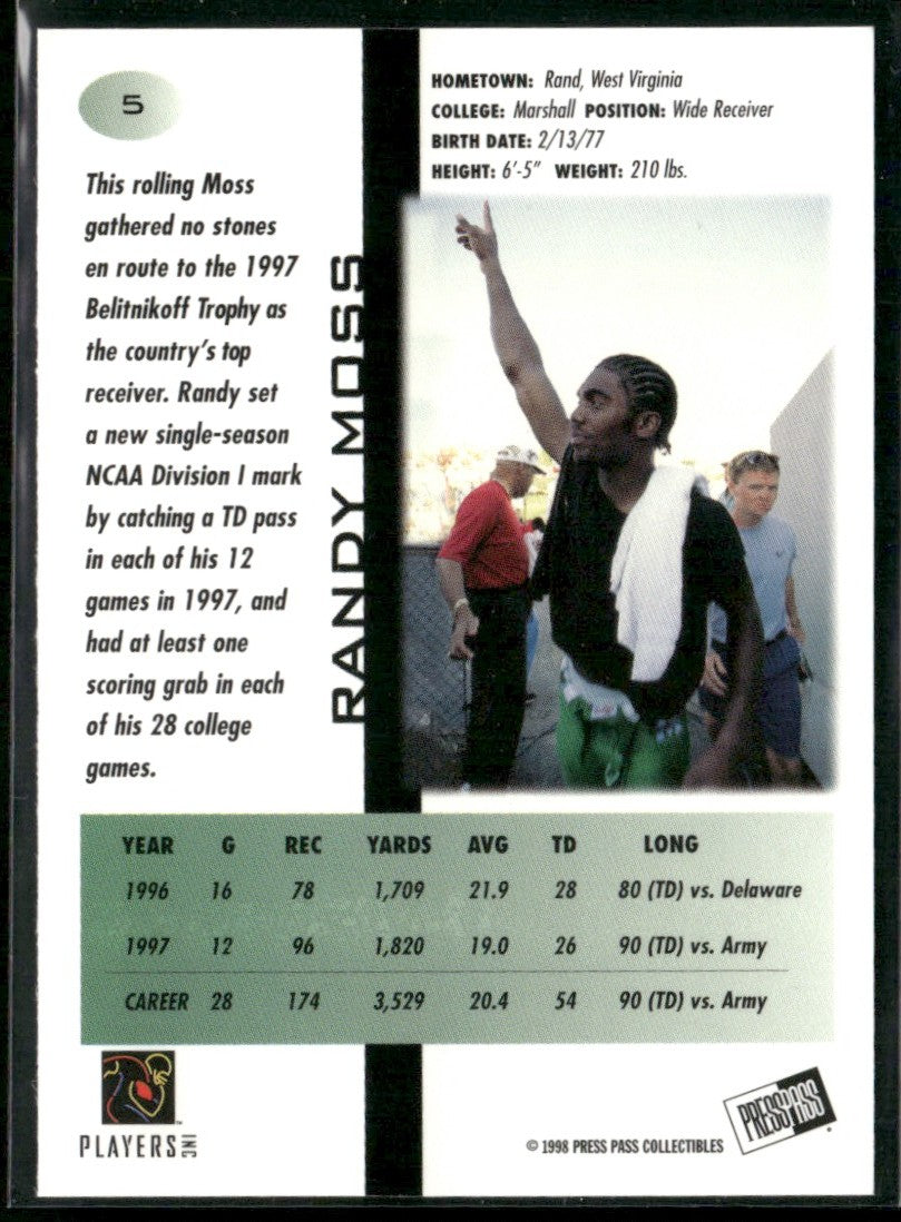Randy Moss 1998 Press Pass Paydirt RC #5 Marshall Thundering Herd