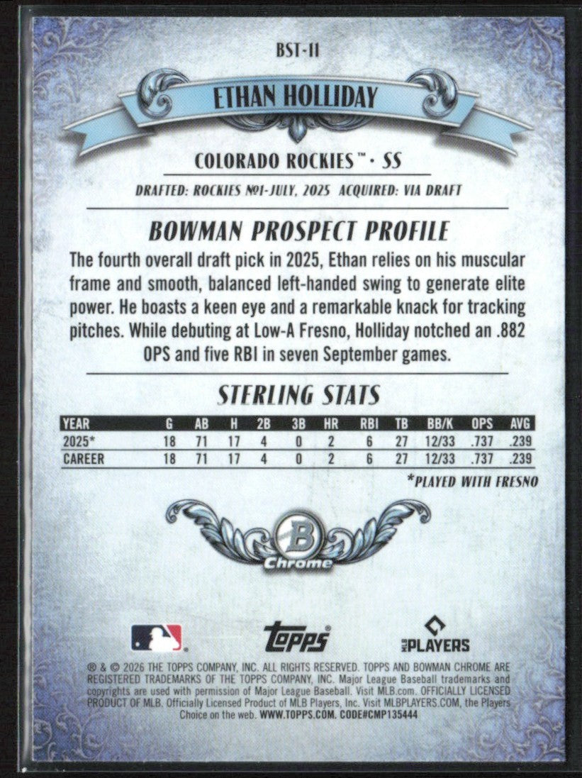 Ethan Holliday 2026 Bowman Chrome Sterling #BST-11 Colorado Rockies