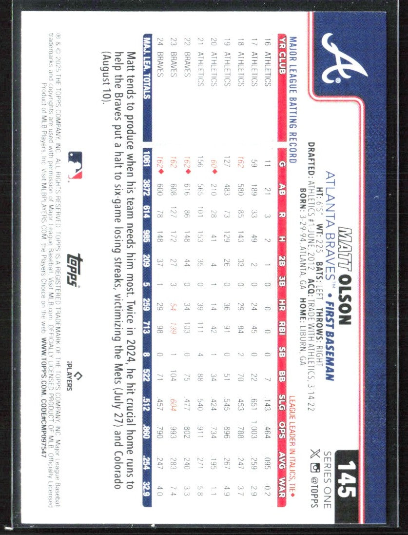 Matt Olson 2025 Topps Diamante Foil #145 Atlanta Braves