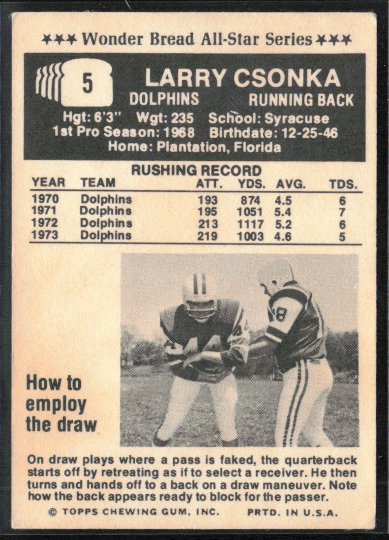 Larry Csonka 1974 Wonder Bread #5 Miami Dolphins