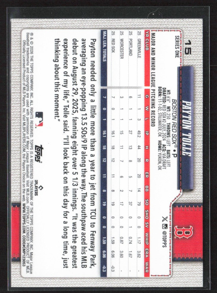 Payton Tolle 2026 Topps RC #15 Boston Red Sox