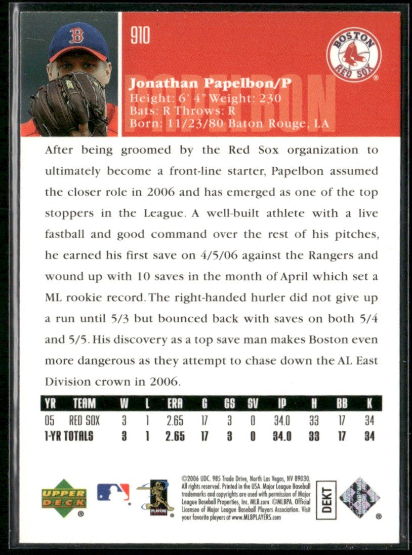 Jonathan Papelbon 2006 Upper Deck RC #910 Boston Red Sox