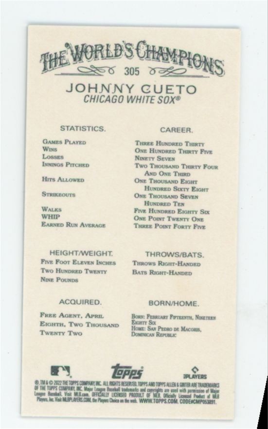 Johnny Cueto 2022 Topps Allen & Ginter Mini Black #305 Chicago White Sox