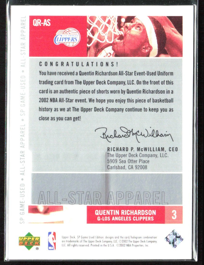 Quentin Richardson 2002 Upper Deck SP Game Used All-Star Apparel Jersey #QR-AS