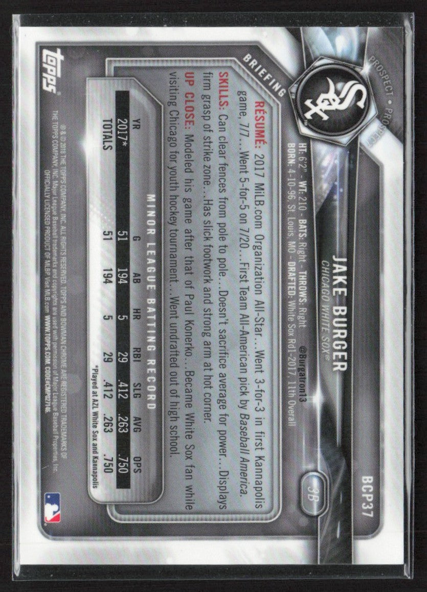 Jake Burger 2018 Bowman Chrome Refractor Purple /250 #BCP37 Chicago White Sox