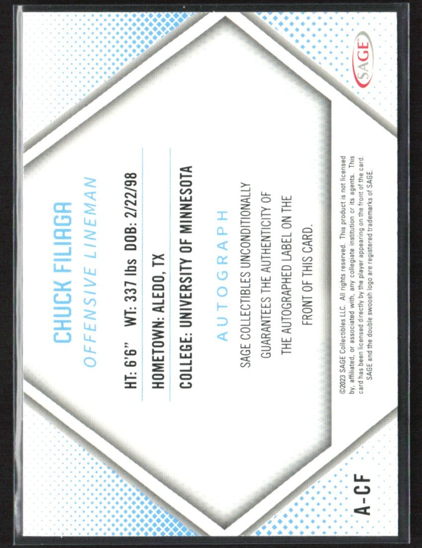 Chuck Filiaga 2023 SAGE High Series RC AUTO #A-CF Minnesota Golden Gophers