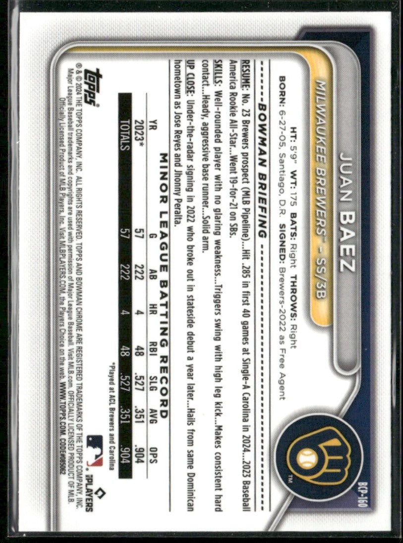 Juan Baez 2024 Bowman Chrome 1st #BCP-160 Milwaukee Brewers
