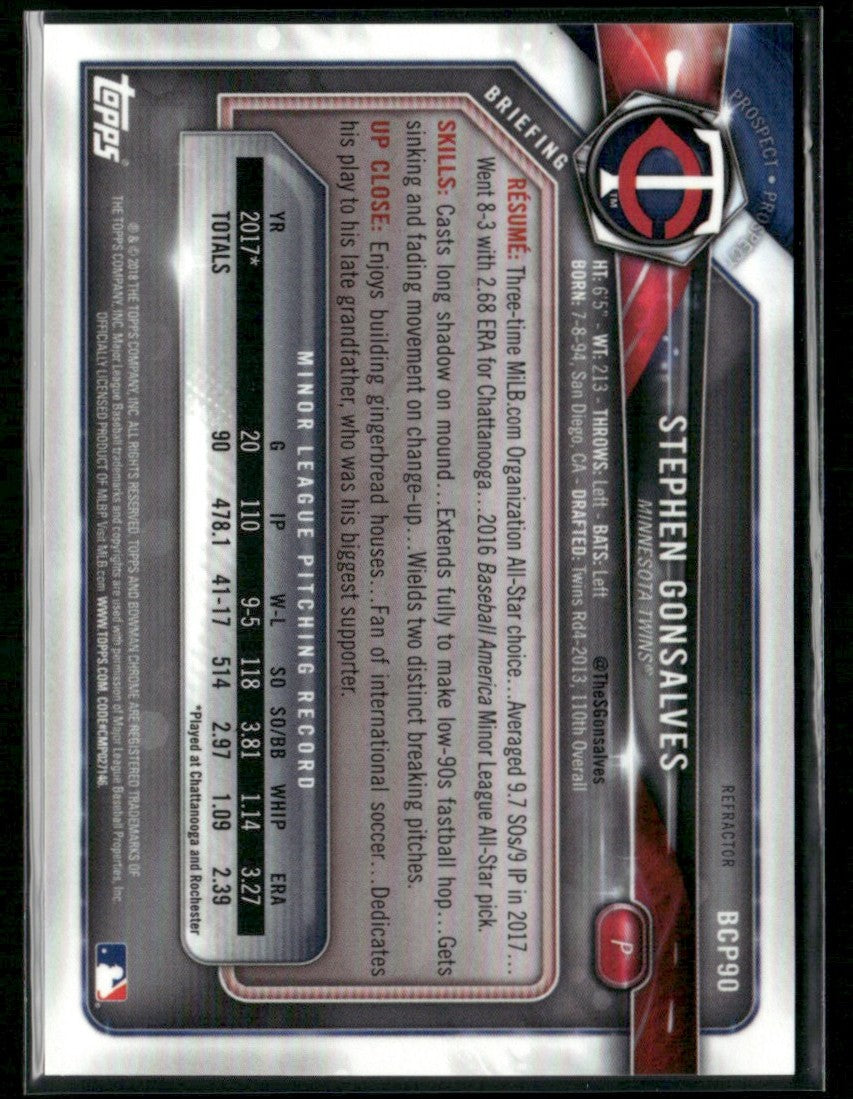 Stephen Gonsalves 2018 Bowman Chrome Refractor /499 #BCP90 Minnesota Twins