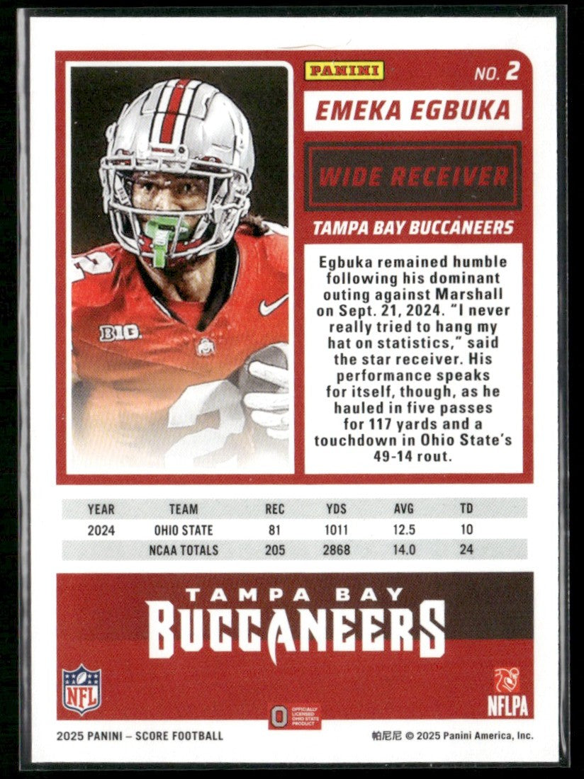 Emeka Egbuka 2025 Panini Score RC #2 Tampa Bay Buccaneers