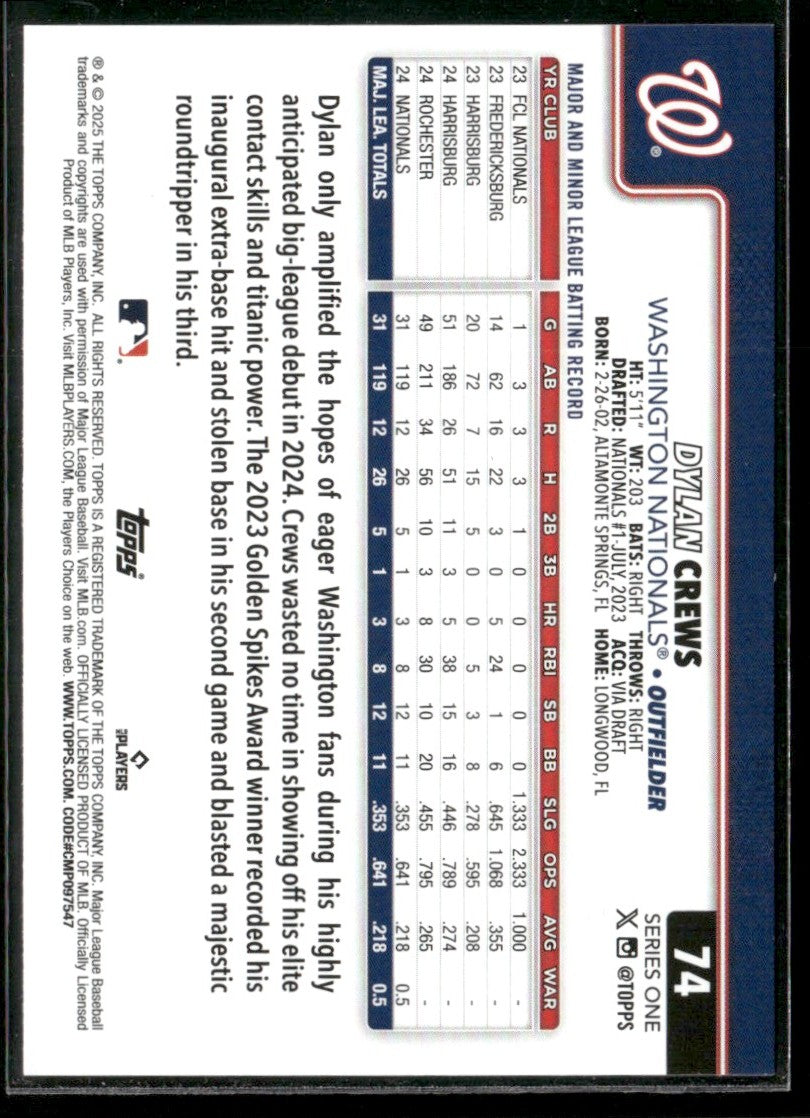 Dylan Crews 2025 Topps RC #74 Washington Nationals
