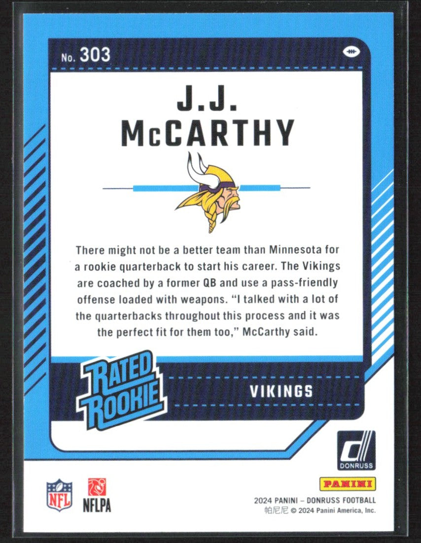 J.J. McCarthy 2024 Donruss Press Proof Blue RC #303 Minnesota Vikings