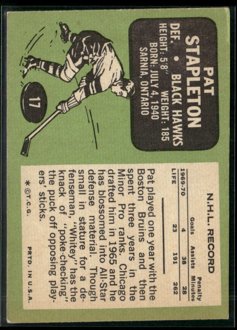Pat Stapleton 1970 Topps #17 Chicago Blackhawks