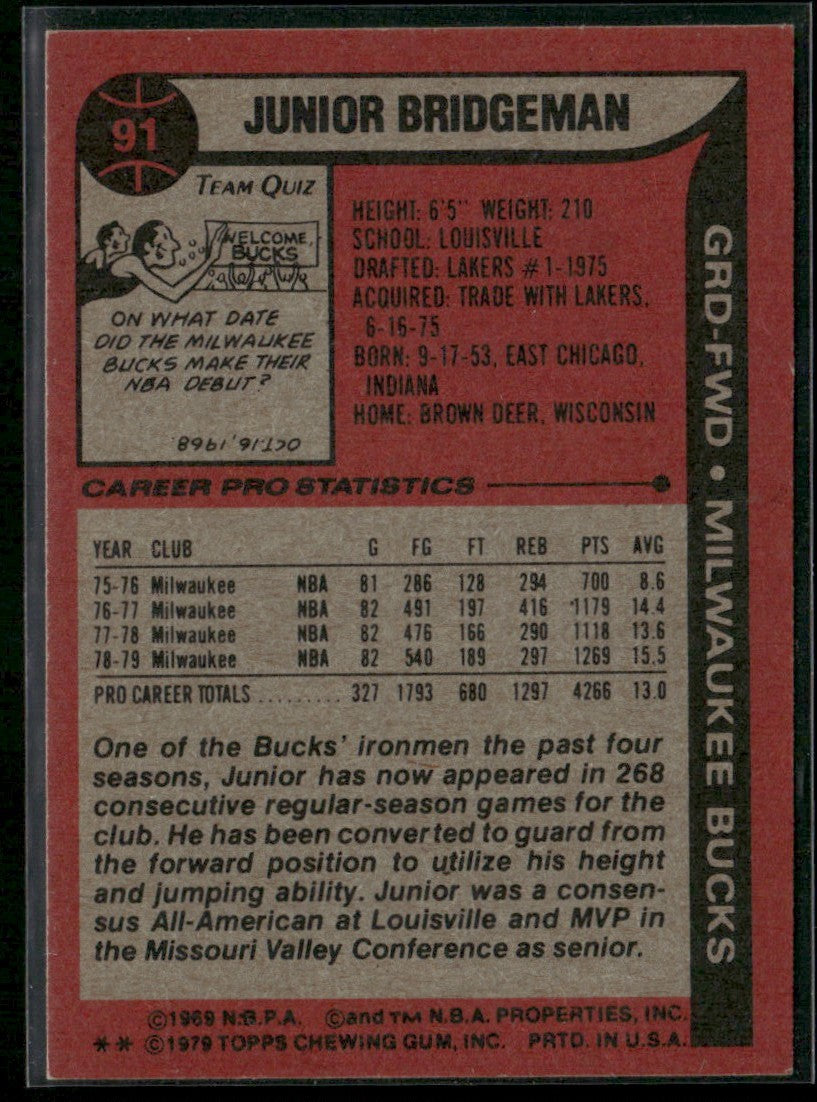 Junior Bridgeman 1979 Topps #91 Milwaukee Bucks