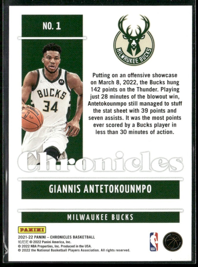 Giannis Antetokounmpo 2021 Panini Chronicles #1 Milwaukee Bucks