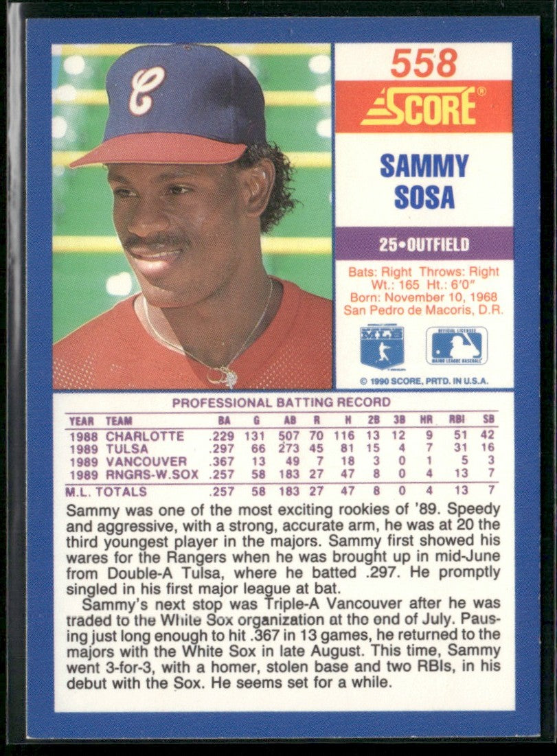 Sammy Sosa 1990 Score RC #558 Chicago White Sox