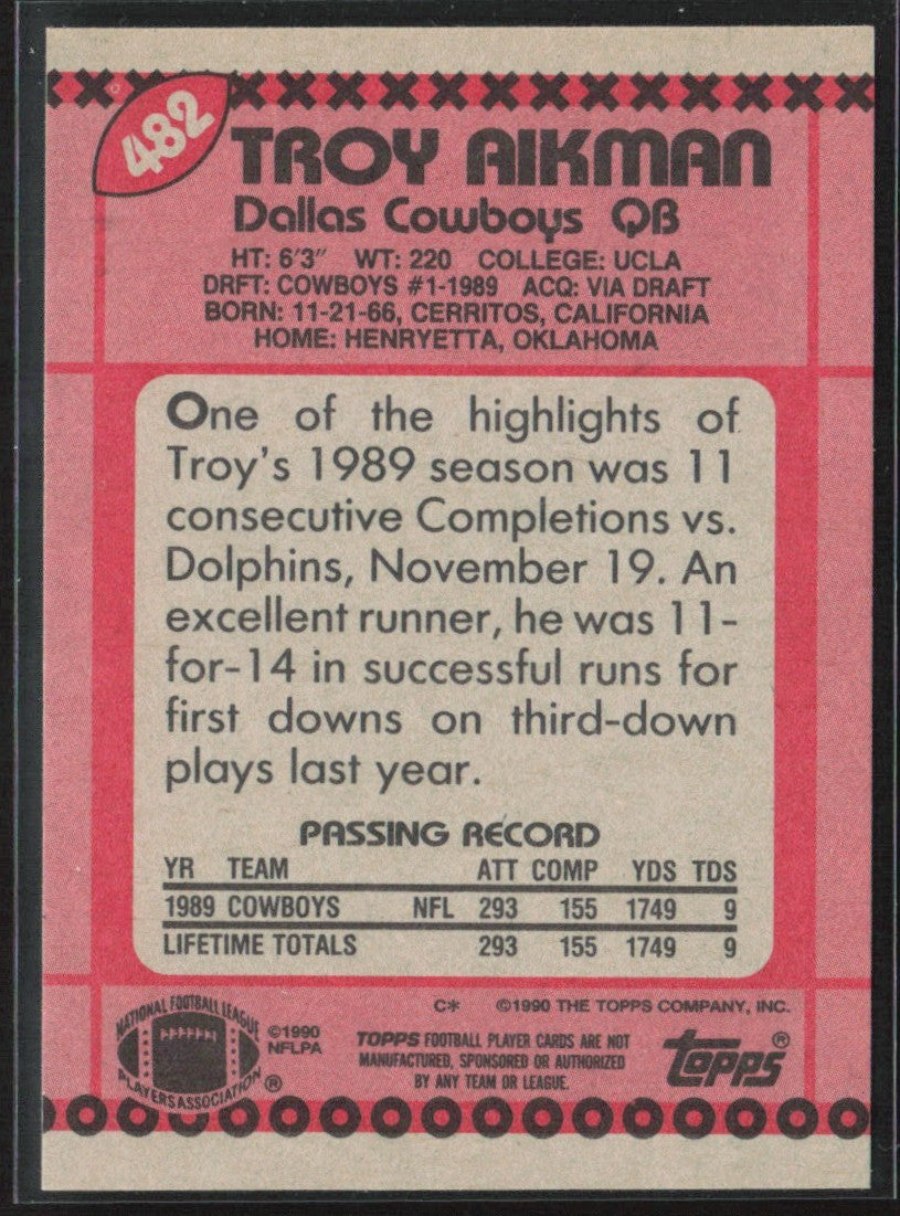 Troy Aikman 1990 Topps RC #482 Dallas Cowboys