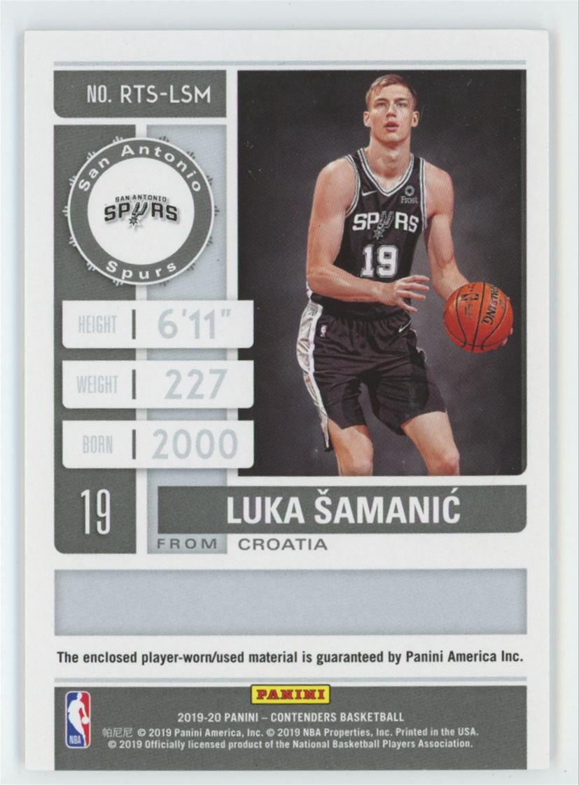 Luka Samanic 2019 Panini Contenders Rookie Ticket Swatches RC Jersey #RTS-LSM