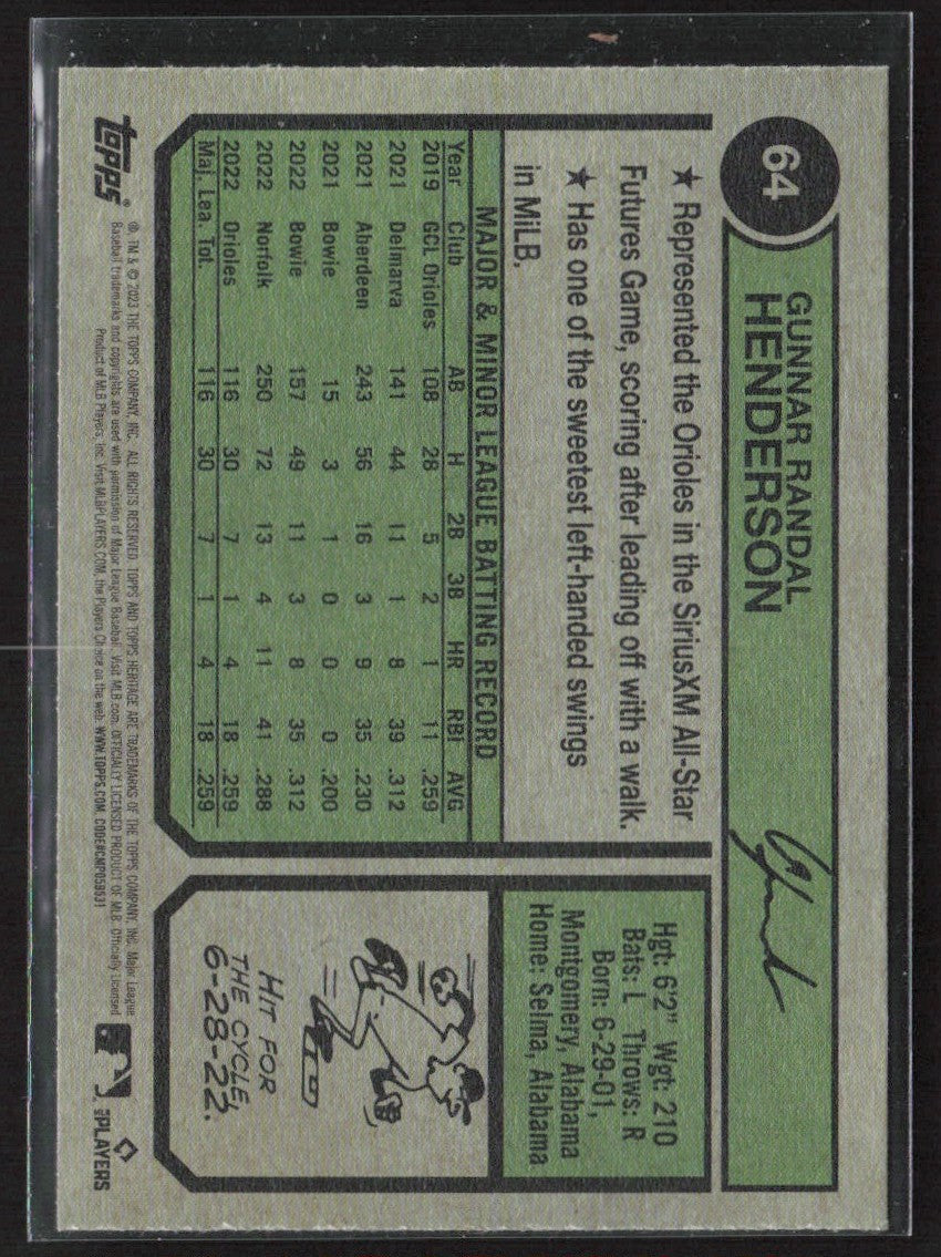 Gunnar Henderson 2023 Topps Heritage RC #64 Baltimore Orioles